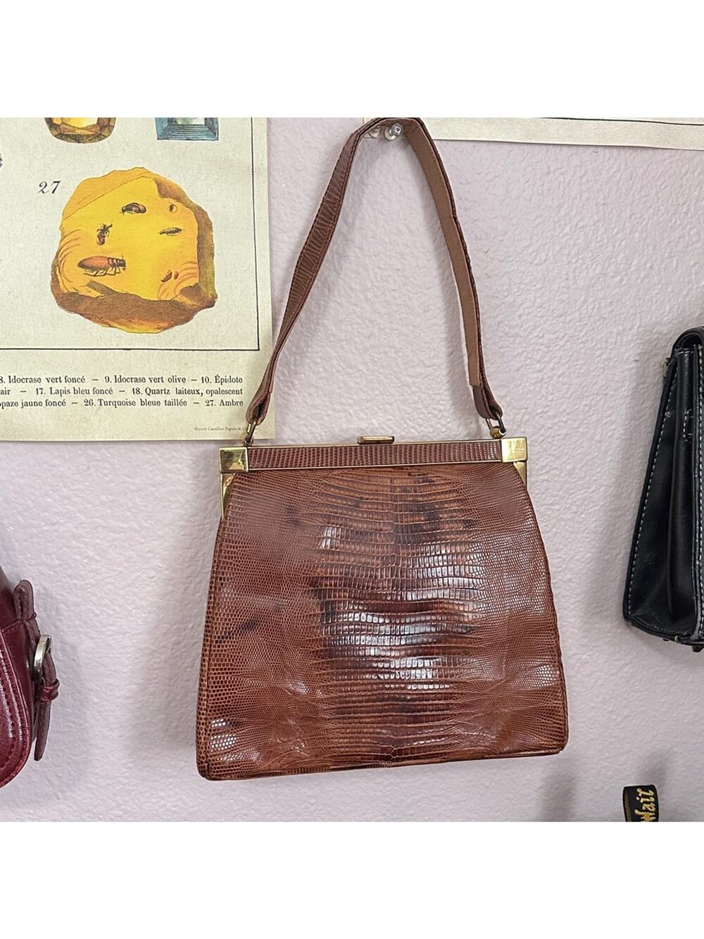 Vintage 50s 60s Bellstone Snakeskin Kisslock Elegant Brown Leather Handbag